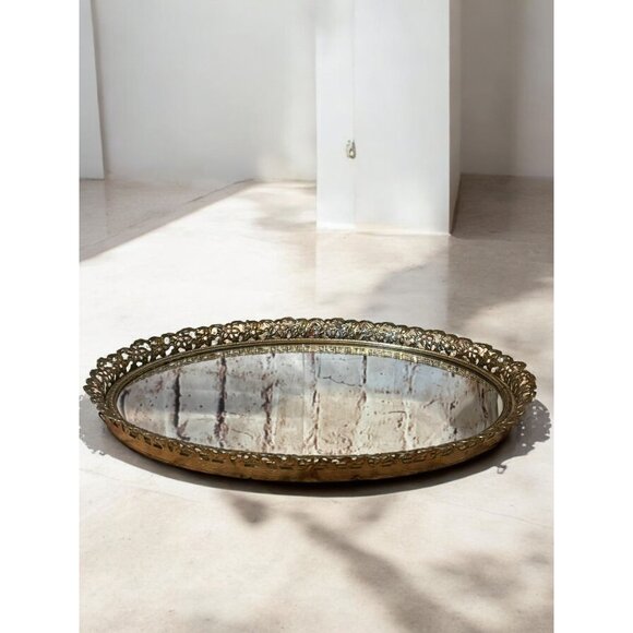 Vintage Ornate Brass & Glass Oval Vanity Tray or Wall Mirror - Picture 3 of 9